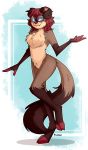  2_toes absurd_res anthro black-footed_ferret brown_body brown_fur chest_tuft cute_fangs digital_media_(artwork) digitigrade ear_piercing eyebrow_through_hair eyebrows eyelashes eyewear featureless_chest female fingerless_(marking) fraxus_(artist) fur glasses hair hi_res horn long_tail mammal mustela mustelid musteline piercing red_hair remy_rae shadow simple_background smile toes translucent translucent_hair tuft white_background 