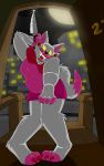  2020 3_toes 4_fingers anthro black_nose bottomwear breasts canid canine chubby_female city claws clothed clothing door featureless_breasts female fingers five_nights_at_freddy&#039;s five_nights_at_freddy&#039;s_2 fluffy fluffy_tail fox freckles fur hi_res holding_object holding_weapon inner_ear_fluff knife lipstick looking_aside makeup mammal mangle_(fnaf) moon night pink_body pink_fur pupils red_cheeks ribbons sharp_teeth shorts slightly_chubby slit_pupils solo standing teeth toe_claws toes tongue topless tuft video_games weapon white_body white_fur wiresandsinews yellow_eyes yellow_sclera 