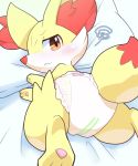  3_fingers 3_toes agitated ambiguous_gender bed black_pupils blush brown_eyes clean_diaper diaper fennekin feral fingers fur furniture hi_res inner_ear_fluff looking_at_viewer looking_back lying nintendo on_bed on_front pawpads pink_pawpads pok&eacute;mon pok&eacute;mon_(species) pupils red_body red_fur red_inner_ear_fluff red_nose solo solo_focus toes tuft video_games wadorigi white_body white_fur yellow_body yellow_fur 