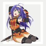  1girl :o ahoge arm_belt armor armpits arms_up belt belt_buckle black_footwear black_gloves black_legwear blush buckle dress elbow_gloves fire_emblem fire_emblem:_path_of_radiance fire_emblem:_radiant_dawn full_body gloves green_eyes grey_background hairband hiyori_(rindou66) long_hair mia_(fire_emblem) open_mouth orange_dress pouch purple_hair sheath sheathed shoulder_armor side_slit sitting sleeveless sleeveless_dress solo stretch sword tassel thighhighs thighs two-tone_background very_long_hair weapon white_hairband yokozuwari zettai_ryouiki 