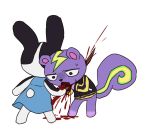  animal_crossing anthro blood bodily_fluids coughing dotty_(animal_crossing) female gantan gore lagomorph leporid male mammal nintendo rabbit rodent sciurid stab static_(animal_crossing) stick video_games 