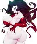  1girl ass black_hair breasts elbow_gloves gloves green_eyes highres large_breasts lips long_hair looking_at_viewer mole mole_under_eye open_mouth pale_skin powerpuff_girls red_gloves sedusa slugbox solo sweat thighs 