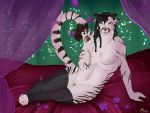  4:3 anami_ertone anthro bed braided_hair charr claws clitoris clothing felid female flat_chested flower furniture genitals green_eyes guild_wars hair horn legwear looking_at_viewer mammal multi_nipple nipples paws plant pussy solo stockings video_games 