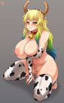  2020 5_fingers 5_toes animal_print armwear big_breasts blush breasts clothing cow_costume cow_print cowbell female fingers genitals hair hi_res horn horned_humanoid humanoid jmg legwear long_hair looking_at_viewer miss_kobayashi&#039;s_dragon_maid multicolored_eyes multicolored_hair navel nipples one_eye_closed pubes pussy quetzalcoatl_(dragon_maid) signature simple_background smile solo toes 