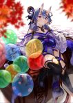  1girl absurdres autumn_leaves balloon bare_shoulders black_hair blush bow breasts collarbone commentary foot_out_of_frame fur_trim gold_trim hair_between_eyes hair_ornament hair_tubes highres horns japanese_clothes jewelry kanzashi kimono light_purple_hair long_hair looking_at_viewer medium_breasts mole mole_under_mouth multicolored_hair necklace nijisanji off-shoulder_kimono oni oni_horns pelvic_curtain platform_footwear pointy_ears pom_pom_(clothes) purple_eyes purple_kimono rin31153336 rindou_mikoto short_eyebrows skin-covered_horns smile solo streaked_hair thick_eyebrows thigh_strap thighhighs very_long_hair virtual_youtuber 