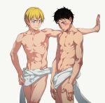  1boy abs absurdres arthur_boyle bare_chest beitemian black_hair blonde_hair blue_eyes blush bulge chest collarbone en&#039;en_no_shouboutai highres hose looking_down male_focus muscle navel nipples pink_eyes sharp_teeth shinra_kusakabe short_hair teeth towel white_background yaoi 