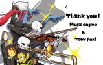  1girl 1other 3boys annoying_dog arm_up bandaged_leg bandages bright_pupils closed_eyes diffraction_spikes dog english_text fish_girl flowey_(undertale) frisk_(undertale) grin highres instrument long_hair multiple_boys music one_eye_closed papyrus_(undertale) piano playing_instrument ponytail red_hair sandpaper sans simple_background skeleton smile tambourine trombone undertale undyne violin white_background white_pupils yellow_skin yugaiga 