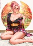  1girl bare_legs barefoot black_kimono blurry blurry_background blush breasts chloe_(sciamano240) cleavage closed_mouth collarbone commentary depth_of_field english_commentary flower forehead freckles futon hair_flower hair_ornament highres japanese_clothes kimono large_breasts leaf_print long_sleeves off_shoulder open_clothes open_kimono original pink_flower pink_lips ponytail print_kimono purple_hair red_eyes sciamano240 short_hair sidelocks signature single_bare_shoulder sitting smile solo wide_sleeves yokozuwari 