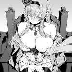  1boy 1girl bacius bare_shoulders braid breast_lift breasts corset crown dress flower french_braid greyscale hair_between_eyes hairband hetero highres jewelry kantai_collection long_hair long_sleeves mini_crown monochrome necklace off-shoulder_dress off_shoulder pov ribbon sitting sweat thighhighs throne warspite_(kantai_collection) 