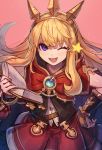  1girl :d ;) blonde_hair book bracer cagliostro_(granblue_fantasy) commentary granblue_fantasy hairband hand_on_hip highres holding kuroi_susumu long_hair one_eye_closed open_mouth purple_eyes simple_background smile solo spiked_hairband spikes tiara 