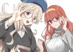  2girls bangs beret black_sweater blunt_bangs book breasts celica_(fire_emblem) cuffs eyelashes faye_(fire_emblem) fire_emblem fire_emblem_echoes:_shadows_of_valentia glasses grey_sweater hair_between_eyes hairband hat holding holding_book holding_eyewear jewelry light_brown_hair long_hair medium_breasts misu_kasumi multiple_girls necklace open_mouth red_eyes red_hair shadow simple_background smile sweater turtleneck white_background 
