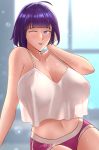  1girl ahoge arm_support bangs bare_shoulders blue_eyes blurry blurry_background breasts cleavage closed_mouth covered_nipples crop_top crop_top_overhang ganzu highres large_breasts midriff navel one_eye_closed original purple_hair purple_shorts see-through see-through_silhouette short_hair short_shorts shorts sitting sleeveless sweat tank_top white_tank_top window 