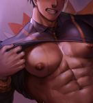  1boy abs arkapami bar_censor bara bare_chest censored chest clenched_teeth highres implied_masturbation lifted_by_self male_focus muscle navel nipples pectoral_focus pokemon pokemon_(game) pokemon_swsh raihan_(pokemon) shirt_lift short_hair solo sweat teeth 
