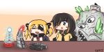  1other 2girls artist_name bangs black_hair black_neckwear blonde_hair blush_stickers braid brown_shirt closed_eyes command_and_conquer crystal english_commentary eyebrows_visible_through_hair eyepatch girls_frontline gloves ground_vehicle hair_between_eyes highres jacket long_hair long_sleeves m16a1_(girls_frontline) military military_vehicle model_tank mole mole_under_eye monster motor_vehicle multicolored_hair multiple_girls obelisk_of_light open_mouth orange_hair red_neckwear scar scar_across_eye serjatronic shirt sidelocks skorpion_(girls_frontline) smile streaked_hair tank twintails upper_body 