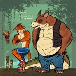  1:1 2020 activision aku_aku animate_inanimate anthro athletic athletic_anthro athletic_male bandicoot belly belt bgn bottomwear canid canine canis clothed clothing cowering crash_bandicoot crash_bandicoot_(series) crocodile crocodilian crocodylid denim denim_clothing dialogue dingo dingodile eye_contact fingerless_gloves footwear gloves group handwear hi_res hybrid jeans looking_at_another male mammal marsupial mask navel outside overweight overweight_anthro overweight_male pants reptile scalie shoes shorts size_difference socks standing surprise swamp topless topless_male topwear vest video_games 
