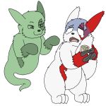  1:1 absurd_res alpha_channel claws darknetic duo emf_reader feral floating fluffy fur ghost green_body hi_res holding_tail male markings nintendo open_mouth pok&eacute;mon pok&eacute;mon_(species) red_body red_fur scared spirit tongue video_games white_body white_fur zangoose zangtober_2020 