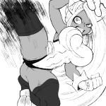  1girl absurdres boku_no_hero_academia breasts clenched_hand clenched_teeth commentary covered_navel dark_skin floating_hair frown gloves greyscale half-closed_eye hand_up highres kicking large_breasts leg_up leotard long_hair mirko monochrome motion_blur rye_(hyn_uka) solo spread_legs teeth thighhighs toned very_long_hair wide-eyed 