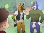  2020 animal_crossing anthro balls bottomless canid canine canis casual_exposure circumcised clothed clothing dog_tags flaccid food foreskin fruit genitals group hand_behind_back hi_res human humanoid_genitalia humanoid_penis jacket k0bit0wani kyle_(animal_crossing) lobo_(animal_crossing) male mammal neckwear nintendo open_mouth outside pear penis plant pubes shirt standing topwear tree uncut vest video_games villager_(animal_crossing) wolf 