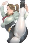  1girl artist_name ascot belt black_footwear boots breasts brown_eyes brown_hair commentary_request dated forehead gundam gundam_build_fighters gundam_build_fighters_try hair_ornament highres kotoyoshi_yumisuke large_breasts panties pantyhose parted_lips red_neckwear sazaki_kaoruko skirt solo split standing standing_on_one_leg standing_split thick_thighs thighs twintails underwear white_panties 