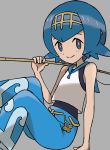  1girl bare_arms blue_eyes blue_hair blue_pants closed_mouth commentary_request fishing_rod grey_background hairband hand_up highres holding holding_fishing_rod lana_(pokemon) looking_at_viewer no_sclera one-piece_swimsuit pants pokemon pokemon_(game) pokemon_sm sawa_(soranosawa) shirt short_hair sleeveless smile solo swimsuit swimsuit_under_clothes 