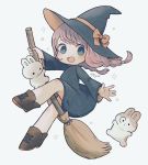  1girl ankle_boots ayu_(mog) black_dress black_eyes blush boots bow braid bright_pupils broom broom_riding brown_footwear bunny commentary dress falling hat hat_bow long_sleeves open_mouth orange_bow original pink_hair short_dress signature solo sparkle star_(symbol) twin_braids twintails white_background white_pupils witch witch_hat 