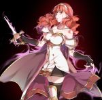  1girl arm_guards armor armored_boots aura bangs black_background black_legwear boots breastplate cape celica_(fire_emblem) cowboy_shot dark_aura dark_persona detached_collar dress earrings eyebrows_visible_through_hair fingerless_gloves fire_emblem fire_emblem_echoes:_shadows_of_valentia fire_emblem_heroes gloves hair_ornament hairband highres holding holding_sword holding_weapon jewelry long_hair looking_at_viewer misu_kasumi parted_lips puffy_short_sleeves puffy_sleeves red_eyes red_hair short_sleeves simple_background smile solo standing sword thighhighs weapon zettai_ryouiki 