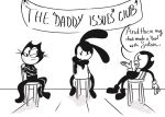  anthro banner bendy_and_the_ink_machine bendy_the_dancing_demon black_body black_fur bow_tie chair clothing deez-art demon dialogue digital_media_(artwork) disney domestic_cat english_text felid feline felis felix_the_cat felix_the_cat_(series) fleischer_style_toon fur furniture gloves group handwear lagomorph leporid male mammal monochrome oswald_the_lucky_rabbit rabbit text toony video_games 