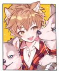  1boy animal_ears black_border border brown_eyes brown_hair dog dog_ears face_licking gran_(granblue_fantasy) granblue_fantasy ketsudrum licking looking_at_another lumberjack_(granblue_fantasy) male_focus open_mouth plaid plaid_shirt shirt simple_background smile tongue tongue_out yellow_background 