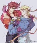  2boys asymmetrical_hair bangle battle_tendency blonde_hair blue_eyes blue_jacket bracelet brown_hair caesar_anthonio_zeppeli closed_mouth collarbone commentary cowboy_shot dated eyebrows_behind_hair facial_mark feather_hair_ornament fingerless_gloves gloves green_eyes headband highres jacket jewelry jojo_no_kimyou_na_bouken joseph_joestar_(young) light_smile looking_at_viewer male_focus multiple_boys one_eye_closed pants red_jacket ring sashiyu short_hair signature simple_background sleeves_folded_up thumb_ring torn_clothes torn_pants 