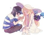  1boy 1girl ? baseball_cap black_hair blonde_hair blush closed_mouth commentary_request cosmog dress elio_(pokemon) eyelashes fingernails gen_7_pokemon green_eyes hat head_down highres komasawa_(fmn-ppp) legendary_pokemon lillie_(pokemon) long_hair on_lap pants pokemon pokemon_(creature) pokemon_(game) pokemon_on_lap pokemon_sm popplio shirt short_sleeves sleeveless sleeveless_dress socks starter_pokemon striped striped_shirt white_headwear 