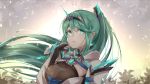  1girl backlighting bangs breasts chest_jewel earrings eyebrows_visible_through_hair gloves green_eyes green_hair hair_between_eyes highres jewelry large_breasts long_hair long_ponytail outdoors plant pneuma_(xenoblade) ponytail sarasadou_dan solo swept_bangs tiara upper_body very_long_hair xenoblade_chronicles_(series) xenoblade_chronicles_2 