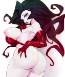  1girl ass black_hair breasts elbow_gloves gloves green_eyes highres large_breasts lips long_hair looking_at_viewer mole mole_under_eye nipples open_mouth pale_skin powerpuff_girls red_gloves sedusa slugbox solo sweat thighs 