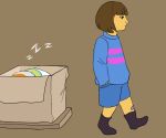  ambiguous_gender band-aid bandage box clothed clothing duo footwear hair human mammal protagonist_(undertale) simple_background socks tem temmie_(undertale) undertale unknown_artist video_games walking white_body 