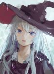  1girl blue_eyes brown_headwear coat commentary copyright_request english_commentary hat head_tilt long_hair looking_at_viewer noccu parted_lips sketch solo sparkle upper_body white_hair witch_hat 