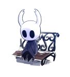  2020 ambiguous_gender anthro arthropod bench black_eyes clothing drawloverlala hi_res hollow_knight hollow_knight_(character) horn simple_background sitting solo team_cherry vessel_(species) video_games 