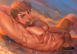  1boy ;) abs arkapami bara bare_chest blonde_hair bulge chest crotch_grab food granblue_fantasy green_eyes male_focus male_swimwear mouth_hold muscle navel nipples one_eye_closed penis_peek popsicle short_hair smile solo swim_trunks swimwear vane_(granblue_fantasy) wet 