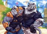  anthro biceps clothed clothing facial_hair felid final_fantasy final_fantasy_xiv fur group hair hi_res hrothgar male mammal muscular muscular_anthro muscular_male simple_background square_enix tiger_est video_games 