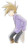  1boy black_pants blue_oak boots brown_footwear brown_hair commentary hand_in_pocket highres jewelry male_focus necklace pants parted_lips pokemon pokemon_adventures purple_shirt sawa_(soranosawa) shirt solo spiked_hair 
