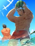  2boys abs alternate_costume arms_up ass back bara bare_chest black_hair blonde_hair blush brown_hair bulge chest completely_nude cowboy_shot facial_hair food fruit goatee hairy highres holding ice looking_at_viewer male_focus male_swimwear multicolored_hair multiple_boys muscle navel navel_hair nipples nude outdoors pointy_ears see-through short_hair sideburns snowflakes sparkle sparkling_eyes streaked_hair summer swim_trunks swimwear thick_thighs thighs tokyo_houkago_summoners tomte_(tokyo_houkago_summoners) tptptpn two-tone_hair water watermelon wet white_hair yamasachihiko_(tokyo_houkago_summoners) 
