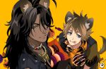  animal_ears bangs blue_eyes braid brown_hair candy closed_mouth dark_skin dark_skinned_male doughnut food gaox2wanx2 green_eyes hair_between_eyes highres hyena_ears jewelry leona_kingscholar lion_ears long_hair looking_at_viewer male_focus necklace ruggie_bucchi scarf shirt short_hair short_sleeves simple_background smile tongue tongue_out twin_braids twisted_wonderland 