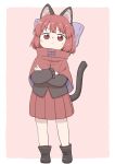  1girl :&lt; animal_ears black_footwear blush boots border bow capelet cat_ears cat_tail closed_mouth crossed_arms eyebrows_visible_through_hair full_body hair_bow highres kemonomimi_mode long_sleeves looking_at_viewer pink_background pleated_skirt poronegi purple_bow red_capelet red_eyes red_hair red_skirt sekibanki short_hair simple_background skirt solo tail tail_raised touhou white_border younger 