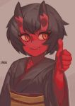  1girl black_hair black_kimono closed_mouth fangs fangs_out grey_background horns japanese_clothes kidouko_(zakusi) kimono long_sleeves obi oni_horns orange_eyes original red_skin sash signature simple_background smile solo thumbs_up upper_body wide_sleeves zakusi 