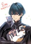  1boy animal armor blue_eyes blue_hair blush byleth_(fire_emblem) byleth_(fire_emblem)_(male) cat eyebrows_visible_through_hair fire_emblem fire_emblem:_three_houses gauntlets grey_cat hair_between_eyes heart highres holding holding_animal holding_cat misu_kasumi shadow short_hair simple_background solo upper_body white_background 