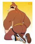  2020 absurd_res anthro ape banana border butt butt_focus clothing donkey_kong_(character) donkey_kong_(series) eyes_closed flufflecraft food footwear fruit gradient_background haplorhine hi_res jockstrap kneeling looking_back male mammal muscular muscular_anthro muscular_male nintendo plant primate rear_view shoes simple_background smile socks solo underwear video_games white_border yellow_background 