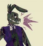  2020 animatronic anthro button_(fastener) clothing five_nights_at_freddy&#039;s five_nights_at_freddy&#039;s_3 green_body green_inner_ear green_nose hi_res lagomorph leporid lichglitch long_ears machine male mammal notched_ear rabbit ribbons robot shirt simple_background springtrap_(fnaf) teeth topwear undead video_games white_eyes yellow_background 