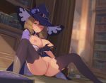  book breast_hold brown_hair ce-_-3 genshin_impact hat lactation lisa_(genshin_impact) pussy spread_legs thighhighs uncensored wink witch witch_hat 