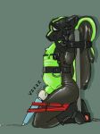  anthro bdsm biped black_body bondage boots bound bulge clothed clothing digital_drawing_(artwork) digital_media_(artwork) drone floebean footwear gas_mask glistening green_body harness hi_res hitachi_magic_wand kneeling male mammal mask mephitid nonbinary_(lore) onomatopoeia rubber rubber_boots sd-714 sex_toy simple_background skunk solo sound_effects text vibrator 