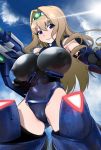  1girl absurdres ass_visible_through_thighs blonde_hair blue_eyes blue_leotard blue_sky blush breasts cameltoe cecilia_alcott cloud covered_navel covered_nipples curly_hair day drill_hair gun hairband highres huge_breasts impossible_clothes impossible_leotard infinite_stratos kumako_(kumakonoh) leotard long_hair looking_at_viewer mecha_musume mechanical_arms mechanical_legs outdoors pilot_suit shiny shiny_hair shiny_skin skin_tight sky solo weapon 