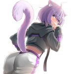  1girl ahoge animal_ear_fluff animal_ears black_hoodie blush cat_ears cat_girl cat_tail commentary eyebrows_visible_through_hair hair_between_eyes hand_on_hip highres hololive looking_at_viewer looking_back midriff nekomata_okayu pants purple_eyes purple_hair short_hair simple_background solo tail tongue uetaku virtual_youtuber white_background white_pants 