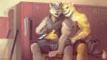  2018 anthro beenic black_claws black_nipples black_nose black_pawpads bottomwear canid canine canis claws clothed clothing detailed_background domestic_dog duo eyewear felid feline fur glasses grey_body grey_fur grope grope_from_behind hair hi_res humanoid_hands husky locker_room male male/male mammal muscular muscular_anthro muscular_male nipples nordic_sled_dog pawpads shorts sitting sleeveless_hoodie spitz topless white_body white_fur white_hair whiteleonard yellow_body yellow_eyes yellow_fur 